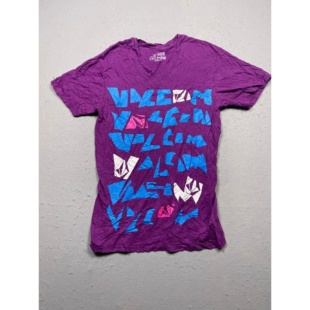 Volcom Slim Fit V-Neck T-Shirt Mens Large Purple Graphic Print Cotton Good